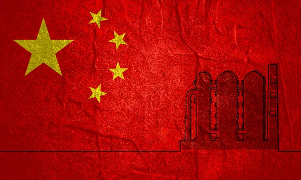 Flagge von China mit dünner Linie Stil Fabrik oder Werk Symbol — Stockfoto