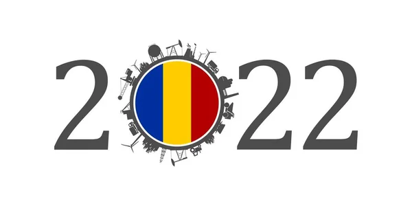 2022 year number with industrial icons around zero digit. Flag of Romania. — стоковий вектор