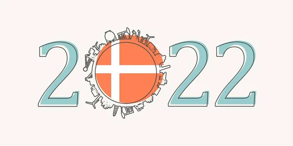 2022-річна кількість з промисловими іконами близько нульової цифри. Прапор Данії. — стоковий вектор