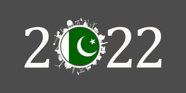 2022 year number with industrial icons around zero digit. Flag of Pakistan. — Stock Vector