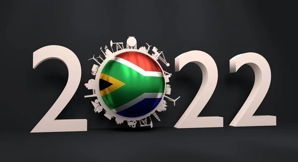 Sıfır basamaklı sanayi simgeleriyle 2022 yılı. Güney Afrika bayrağı. 3B Hazırlama — Stok fotoğraf