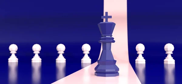Blue king of chess, standing out from the crowd of pawns. 3D Render — Stockfoto