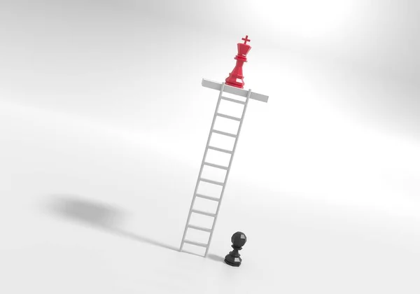 Low poly pawn and king of chess on the ladder of success. 3D Render — Stockfoto