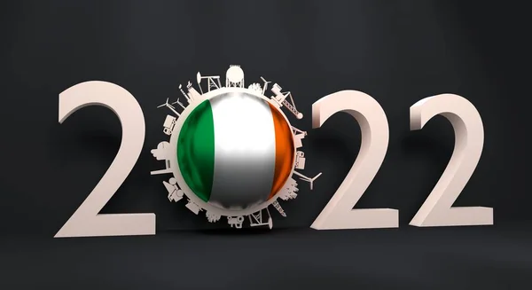 2022 año número con iconos industriales alrededor de cero dígitos. Bandera de Irlanda. Renderizado 3D — Foto de Stock