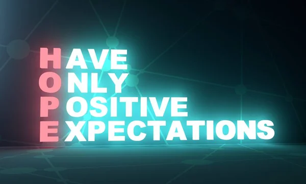 HOPE - Har bara positiva förväntningar akronym. Neonljus bokstäver. 3D-Render — Stockfoto