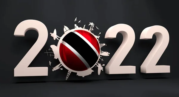 Objecten die zich rond het nulcijfer in 2022 jaar nummer bevinden. Menselijk poseren met surfplank, schip, palm en strandwachttoren. Vlag van Trinidad en Tobago. 3D Render — Stockfoto