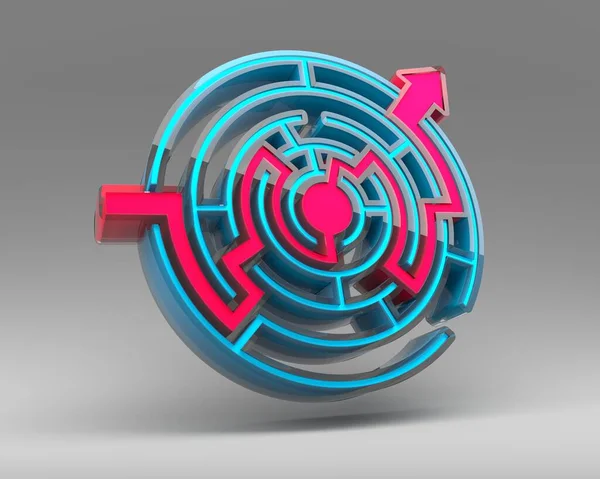 Red path across round shape blue labyrinth. 3D Render — 图库照片