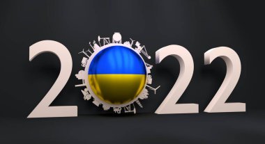 Sıfır basamaklı sanayi simgeleriyle 2022 yılı. Ukrayna bayrağı. 3B Hazırlama