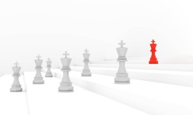 Satrancın kralı, kalabalığın önünde duruyor. 3B Hazırlama