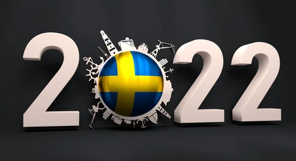 Circle with cargo port and travel relative silhouettes and flag of Sweden. 2022 year number. 3D Render — Stock Photo, Image