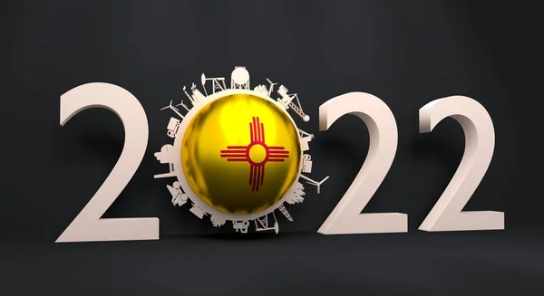 2022 año número con iconos industriales alrededor de cero dígitos. Bandera de Nuevo México. Renderizado 3D —  Fotos de Stock