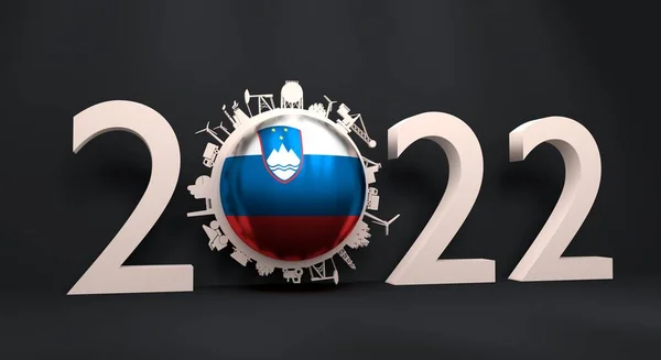 2022 year number with industrial icons around zero digit. Flag of Slovenia. 3D Render — стокове фото