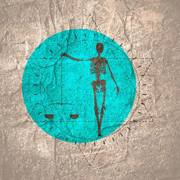 Geometria gótica vintage mística linhas finas símbolo com silhueta de um esqueleto humano e escalas — Fotografia de Stock