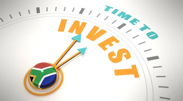 Time to invest words on clock face. Flag of South Africa. 3D render — Stock Fotó