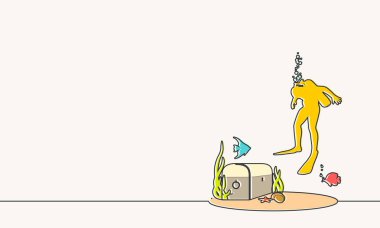 Hazine sandıklı sualtı manzarası, dalgıç ve deniz hayvanlarının silueti..