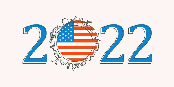 산업용 아이콘 이 있는 2022 년 번호 0 자리 숫자. 미국의 국기. — 스톡 벡터