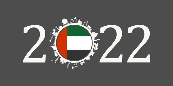 2022 rok číslo s průmyslovými ikonami kolem 0 číslic. Vlajka Spojených arabských emirátů. — Stockový vektor