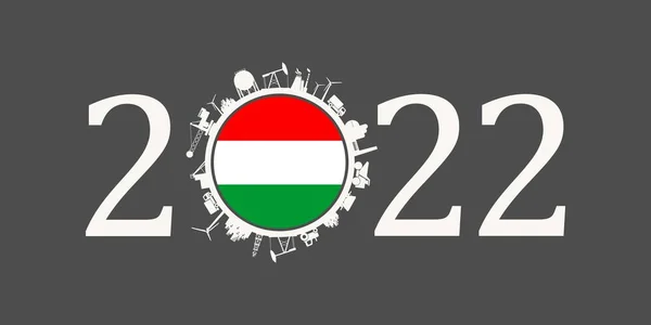 2022 jaar nummer met industriële pictogrammen rond nul cijfer. Vlag van Hongarije. — Stockvector