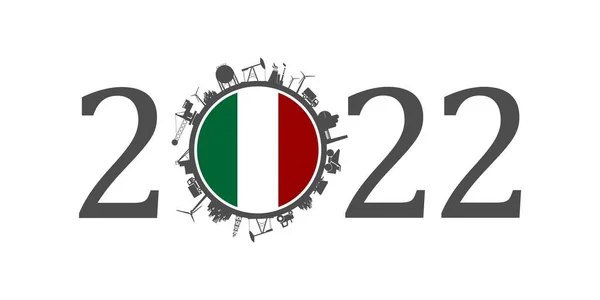 2022 rok liczba z przemysłowy ikona wokoło zero cyfra. Flaga Włoch. — Wektor stockowy