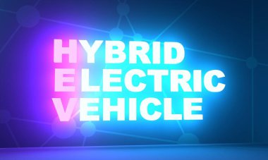 HEV - Hibrit Elektrikli Araç kısaltması. Neon parlayan metin. 3B Hazırlama