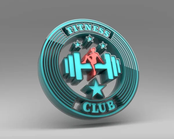 Bodybuilding club emblem with glass material outline. Sporty woman sits on a dumbbell. 3D Render — Fotografia de Stock