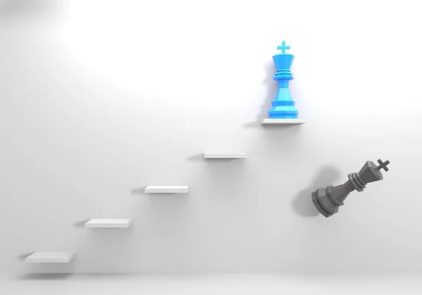 Low poly kings of chess on the ladder of success. One of them dethroned. 3D Render — Fotografia de Stock