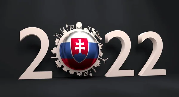 2022 year number with industrial icons around zero digit. Flag of Slovakia. 3D Render — Fotografia de Stock