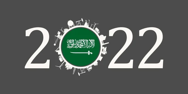 2022 έτος αριθμός με βιομηχανικά εικονίδια περίπου μηδέν ψηφίο. Σημαία Σαουδικής Αραβίας. — Διανυσματικό Αρχείο