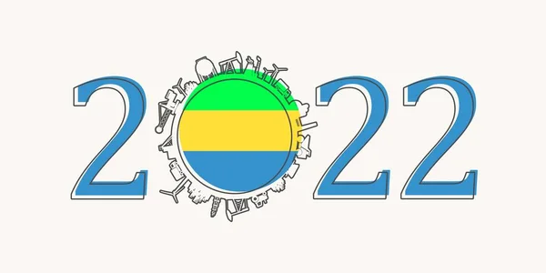 2022 año número con iconos industriales alrededor de cero dígitos. Bandera de Gabon. — Vector de stock