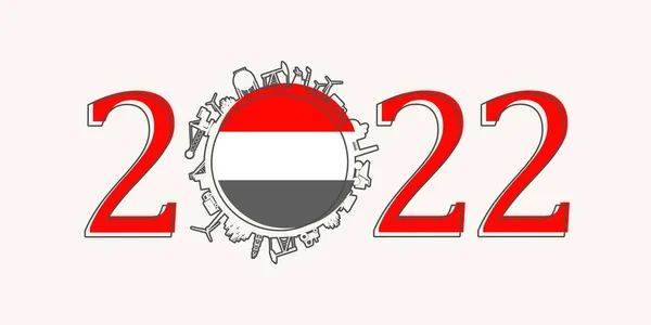 2022 rok číslo s průmyslovými ikonami kolem 0 číslic. Jemenská vlajka. — Stockový vektor