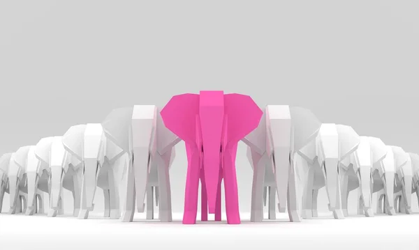 Червоний слон, що виділяється з натовпу білих. 3D рендеринг — стокове фото