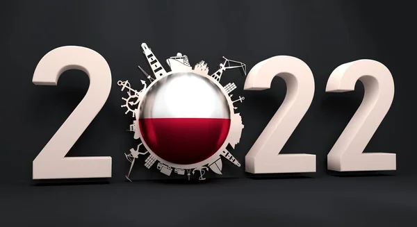 Círculo con puerto de carga y viajar siluetas relativas y bandera de Polonia. Número de 2022 años. Renderizado 3D —  Fotos de Stock