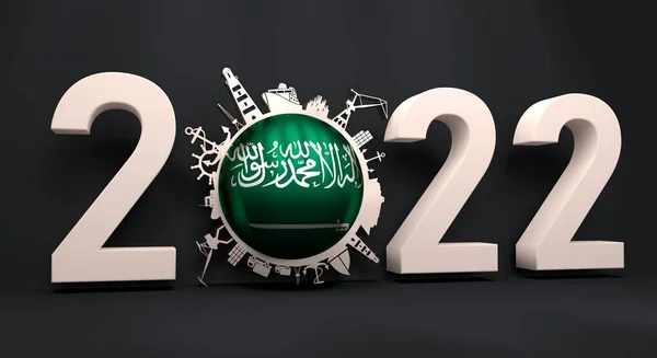 Circle with cargo port and travel relative silhouettes and flag of Saudi Arabia. 2022 year number. 3D Render — Stockfoto