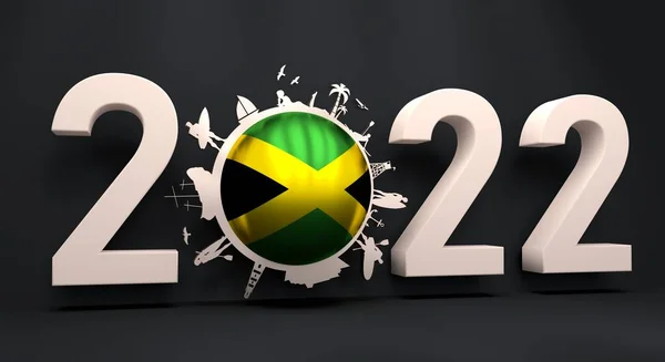 Objects located around the around zero digit in 2022 year number. Human posing with surfboard, ship, palm and lifeguard tower. Flag of Jamaica. 3D Render — Stock Photo, Image
