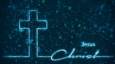 Cross and Jesus Christ name in thin lines style. Background from particles
