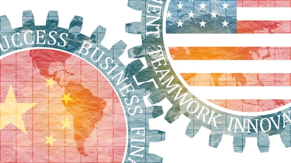 Engranajes texturizados por banderas nacionales de EE.UU. y China y mapa del mundo — Foto de Stock