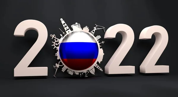 Circle with cargo port and travel relative silhouettes and flag of Russia. 2022 year number. 3D Render — стокове фото