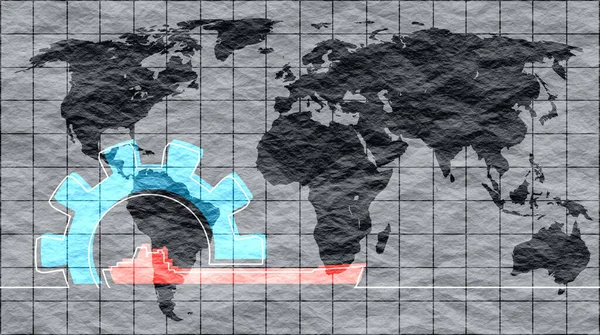 Zeeschip in vistuig icoon. Wereldkaart achtergrond — Stockfoto