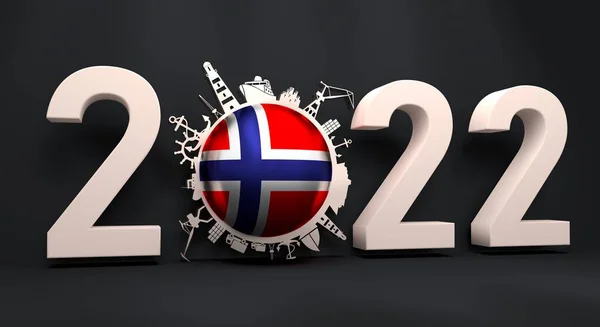 Circle with cargo port and travel relative silhouettes and flag of Norway. 2022 year number. 3D Render — Stock Photo, Image
