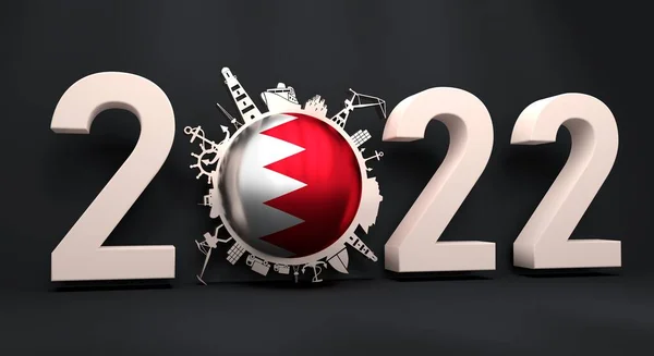 Круг с грузовым портом и относительными силуэтами и флагом Бахрейна. Номер 2022 года. 3D Render — стоковое фото