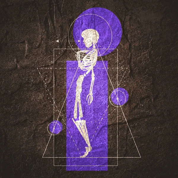 Мистическая винтажная готическая геометрия тонкие линии символ с силуэтом человеческого скелета — стоковое фото