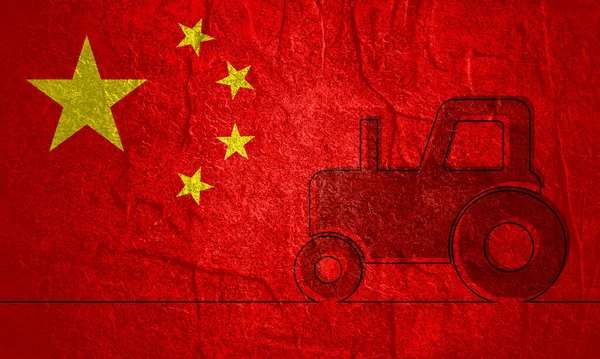 Flag of China with thin line style abstract icon of tractor — Stock Photo, Image