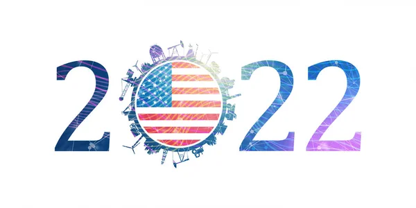 2022 year number with industrial icons around zero digit. Flag of USA. — Stock Photo, Image