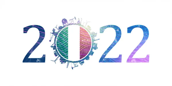 Numero 2022 anni con icone industriali a circa zero cifre. Bandiera dell'Italia. — Foto Stock