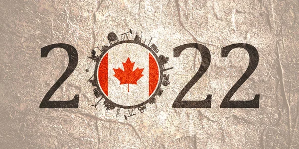 2022 year number with industrial icons around zero digit. Flag of Canada. — Stock Photo, Image