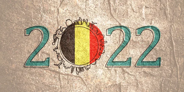 2022-річна кількість з промисловими іконами близько нульової цифри. Прапор Бельгії. — стокове фото