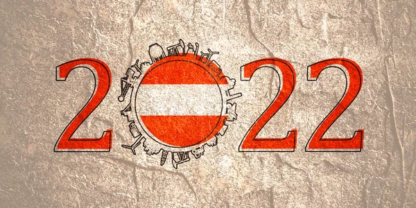 2022-річна кількість з промисловими іконами близько нульової цифри. Прапор Австрії. — стокове фото