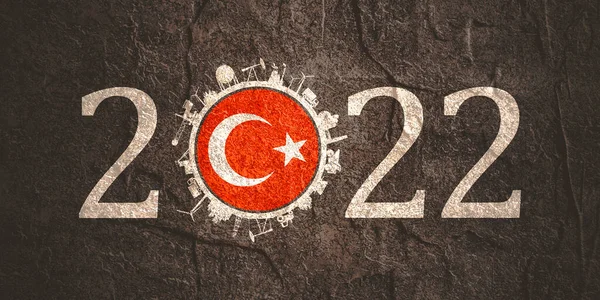 2022 année numéro avec des icônes industrielles autour de zéro chiffre. Drapeau de Turquie. — Photo