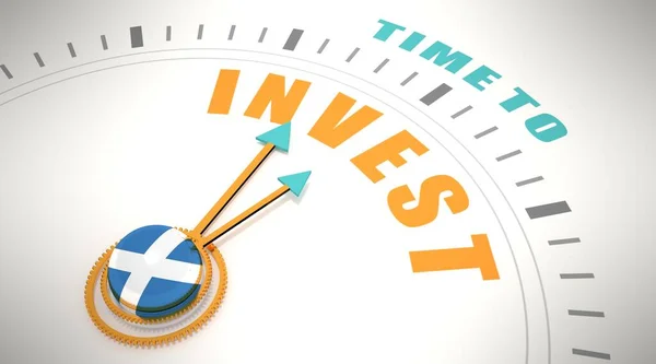 Zeit, Worte ins Zifferblatt zu investieren. Flagge Schottlands. 3D Render — Stockfoto