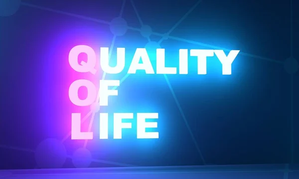 QOL - Akronym für Lebensqualität. Grad, bis zu dem ein Individuum gesund, komfortabel und in der Lage ist, an Lebensereignissen teilzunehmen oder sie zu genießen. Leuchtschrift. 3D-Renderer — Stockfoto